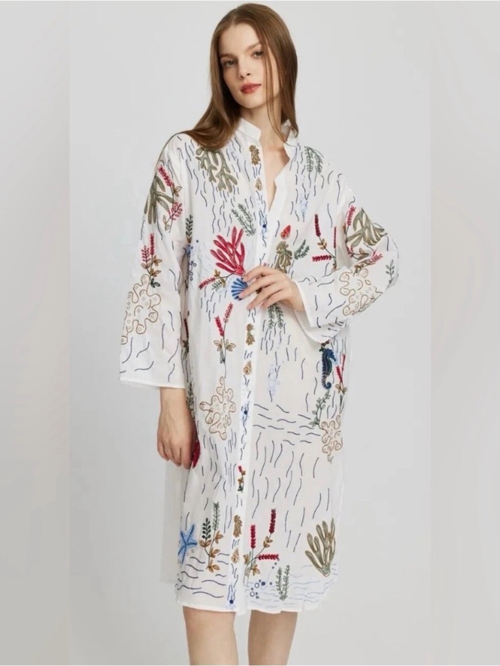 Zara Embroidered Beachy Long Sheer Shirt Dress Medium Coastal Boho Chic New RARE